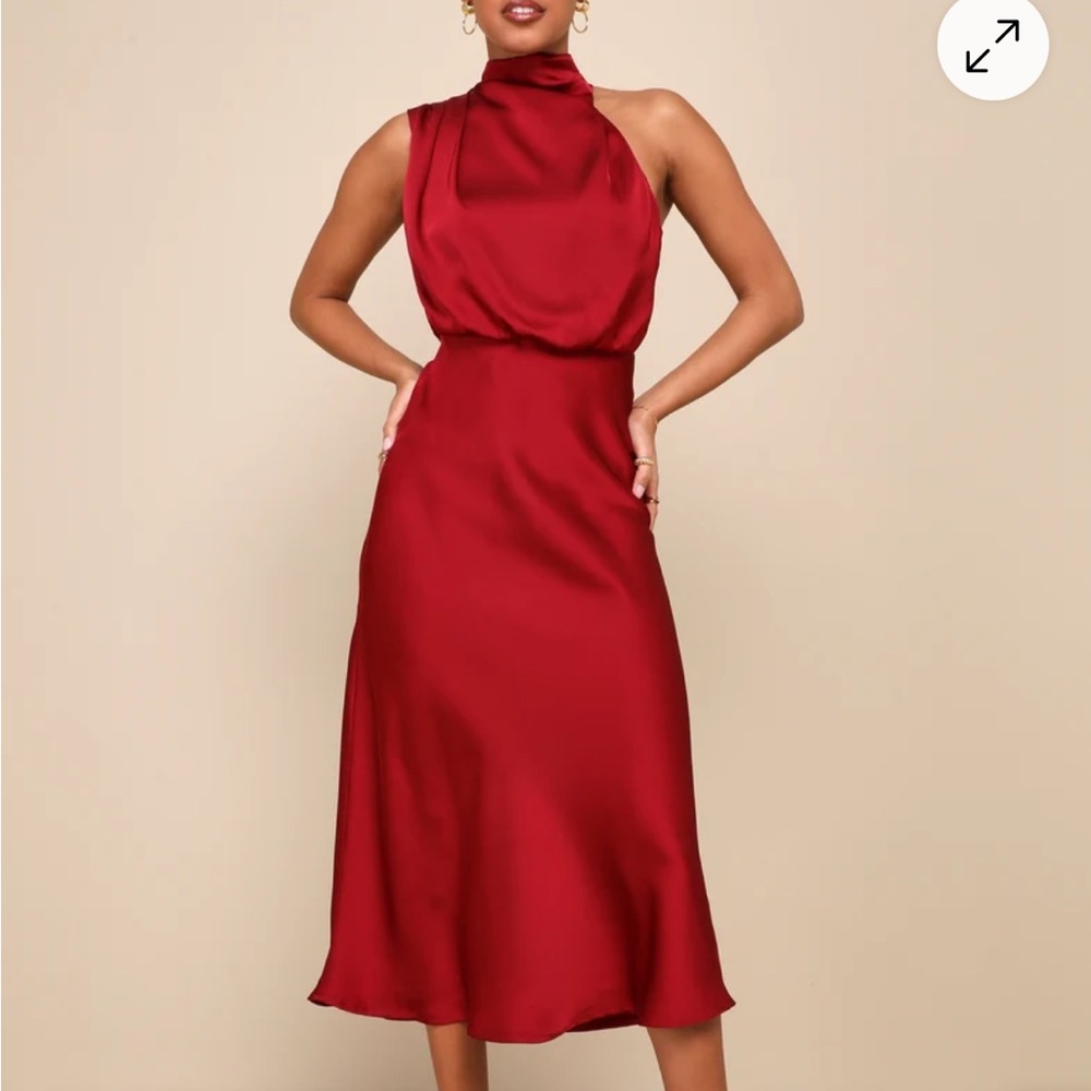 Lulus - Distinctive Charm Burgundy Satin Asymmetrical Midi Dress